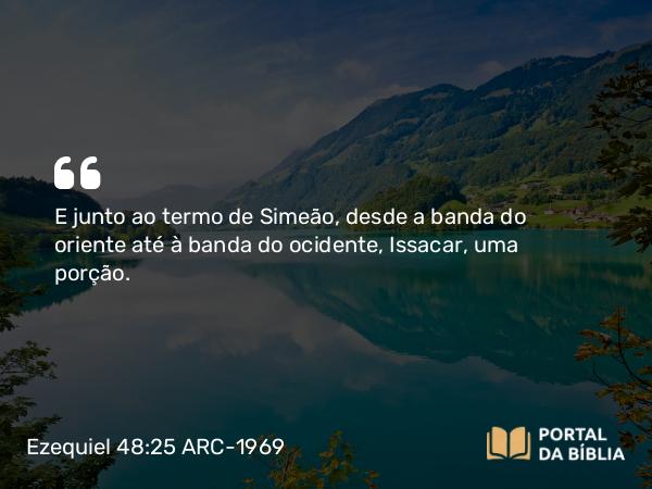 Ezequiel 48:25 ARC-1969 - E junto ao termo de Simeão, desde a banda do oriente até à banda do ocidente, Issacar, uma porção.