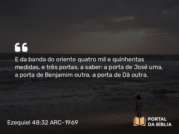 Ezequiel 48:32 ARC-1969 - E da banda do oriente quatro mil e quinhentas medidas, e três portas, a saber: a porta de José uma, a porta de Benjamim outra, a porta de Dã outra.