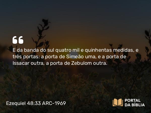 Ezequiel 48:33 ARC-1969 - E da banda do sul quatro mil e quinhentas medidas, e três portas: a porta de Simeão uma, e a porta de Issacar outra, a porta de Zebulom outra.