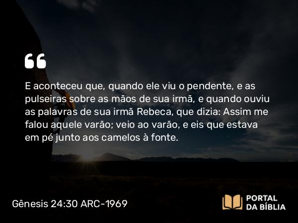 Gênesis 24:30 ARC-1969 - E aconteceu que, quando ele viu o pendente, e as pulseiras sobre as mãos de sua irmã, e quando ouviu as palavras de sua irmã Rebeca, que dizia: Assim me falou aquele varão; veio ao varão, e eis que estava em pé junto aos camelos à fonte.