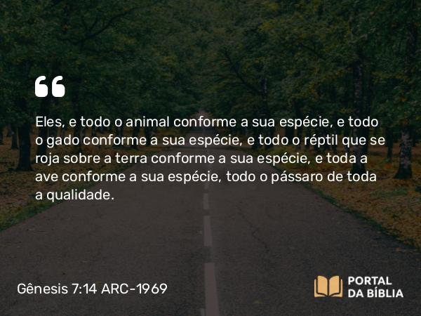 Gênesis 7:14 ARC-1969 - Eles, e todo o animal conforme a sua espécie, e todo o gado conforme a sua espécie, e todo o réptil que se roja sobre a terra conforme a sua espécie, e toda a ave conforme a sua espécie, todo o pássaro de toda a qualidade.