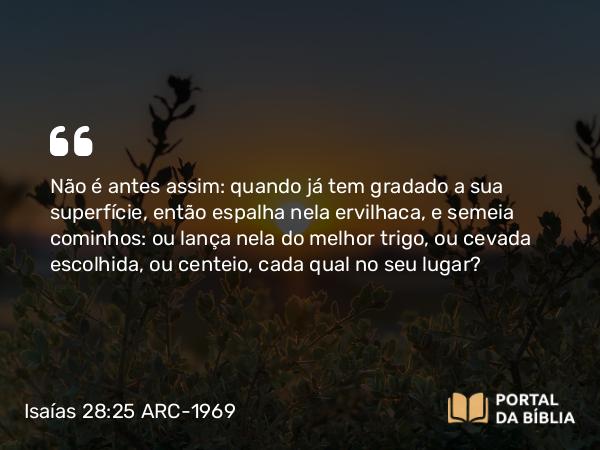 Isaías 28:25 ARC-1969 - Não é antes assim: quando já tem gradado a sua superfície, então espalha nela ervilhaca, e semeia cominhos: ou lança nela do melhor trigo, ou cevada escolhida, ou centeio, cada qual no seu lugar?