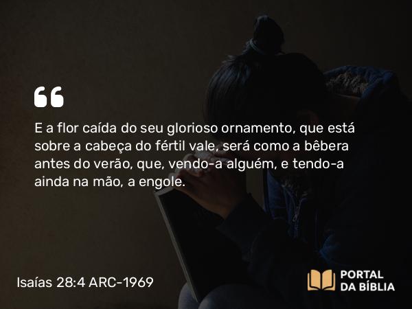 Isaías 28:4 ARC-1969 - E a flor caída do seu glorioso ornamento, que está sobre a cabeça do fértil vale, será como a bêbera antes do verão, que, vendo-a alguém, e tendo-a ainda na mão, a engole.