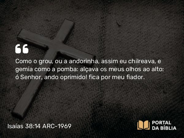 Isaías 38:14 ARC-1969 - Como o grou, ou a andorinha, assim eu chilreava, e gemia como a pomba: alçava os meus olhos ao alto: ó Senhor, ando oprimido! fica por meu fiador.