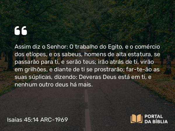 Isaías 45:14 ARC-1969 - Assim diz o Senhor: O trabalho do Egito, e o comércio dos etíopes, e os sabeus, homens de alta estatura, se passarão para ti, e serão teus; irão atrás de ti, virão em grilhões, e diante de ti se prostrarão; far-te-ão as suas súplicas, dizendo: Deveras Deus está em ti, e nenhum outro deus há mais.