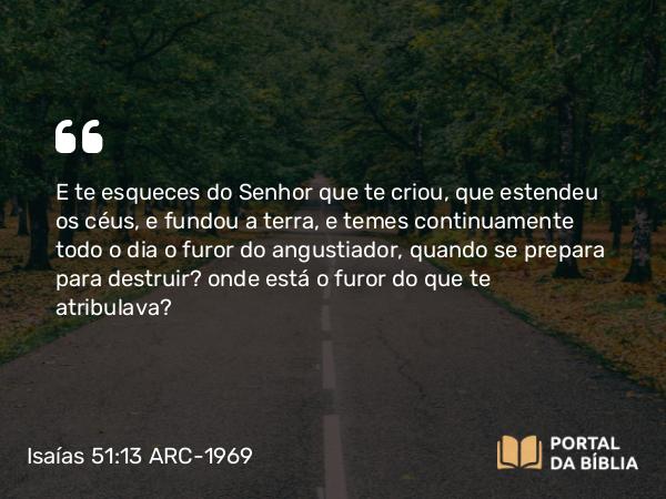 Isaías 51:13 ARC-1969 - E te esqueces do Senhor que te criou, que estendeu os céus, e fundou a terra, e temes continuamente todo o dia o furor do angustiador, quando se prepara para destruir? onde está o furor do que te atribulava?