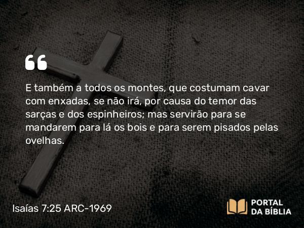 Isaías 7:25 ARC-1969 - E também a todos os montes, que costumam cavar com enxadas, se não irá, por causa do temor das sarças e dos espinheiros; mas servirão para se mandarem para lá os bois e para serem pisados pelas ovelhas.