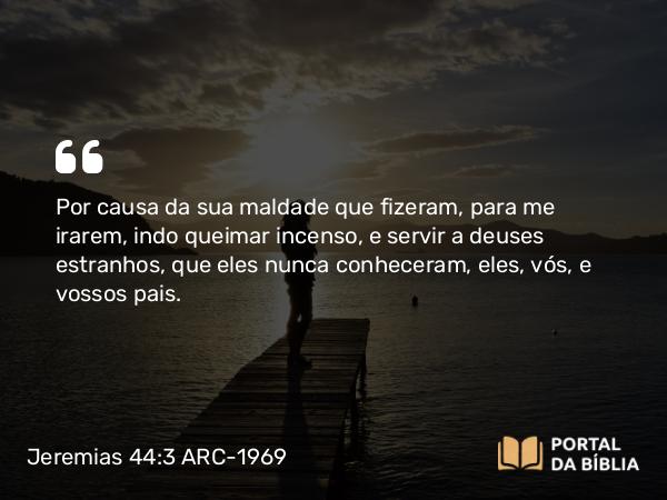 Jeremias 44:3 ARC-1969 - Por causa da sua maldade que fizeram, para me irarem, indo queimar incenso, e servir a deuses estranhos, que eles nunca conheceram, eles, vós, e vossos pais.