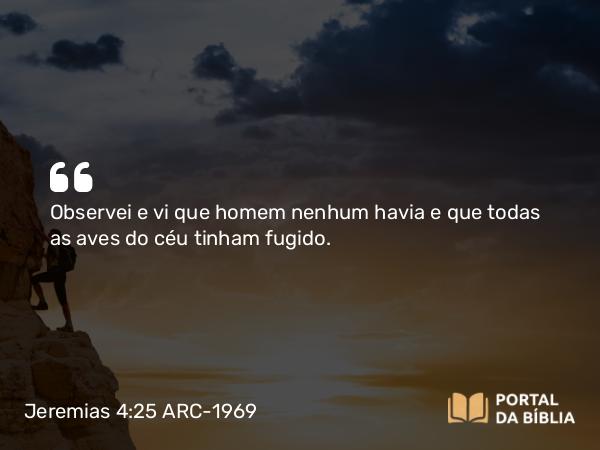 Jeremias 4:25 ARC-1969 - Observei e vi que homem nenhum havia e que todas as aves do céu tinham fugido.