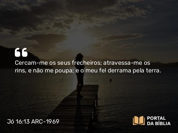 Jó 16:13 ARC-1969 - Cercam-me os seus frecheiros; atravessa-me os rins, e não me poupa; e o meu fel derrama pela terra.