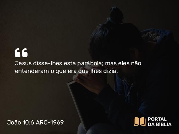 João 10:6 ARC-1969 - Jesus disse-lhes esta parábola; mas eles não entenderam o que era que lhes dizia.