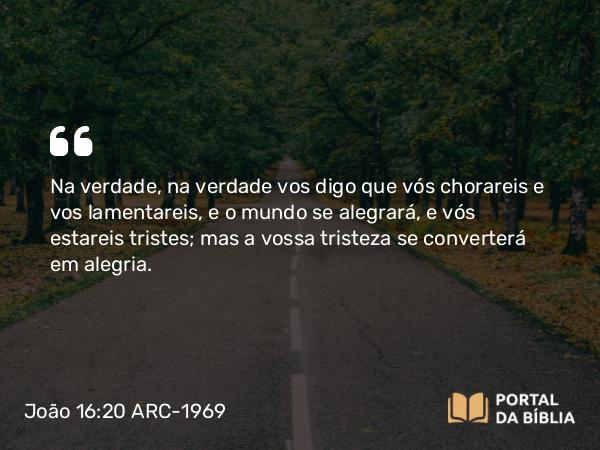 João 16:20 ARC-1969 - Na verdade, na verdade vos digo que vós chorareis e vos lamentareis, e o mundo se alegrará, e vós estareis tristes; mas a vossa tristeza se converterá em alegria.