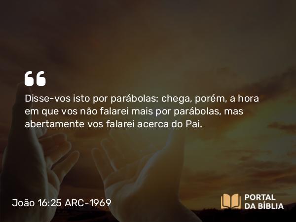 João 16:25 ARC-1969 - Disse-vos isto por parábolas: chega, porém, a hora em que vos não falarei mais por parábolas, mas abertamente vos falarei acerca do Pai.