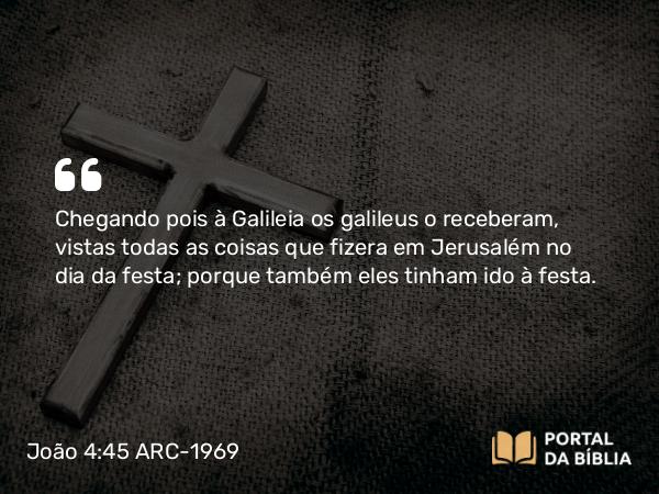 João 4:45 ARC-1969 - Chegando pois à Galileia os galileus o receberam, vistas todas as coisas que fizera em Jerusalém no dia da festa; porque também eles tinham ido à festa.