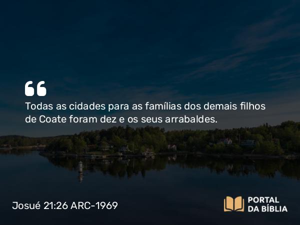 Josué 21:26 ARC-1969 - Todas as cidades para as famílias dos demais filhos de Coate foram dez e os seus arrabaldes.