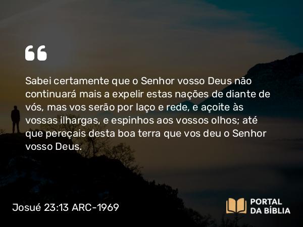 Josué 23:13 ARC-1969 - Sabei certamente que o Senhor vosso Deus não continuará mais a expelir estas nações de diante de vós, mas vos serão por laço e rede, e açoite às vossas ilhargas, e espinhos aos vossos olhos; até que pereçais desta boa terra que vos deu o Senhor vosso Deus.