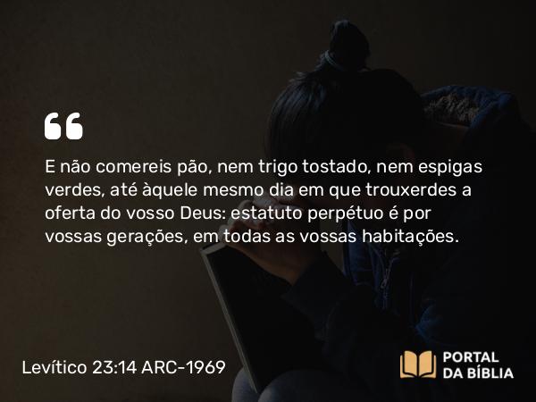 Levítico 23:14 ARC-1969 - E não comereis pão, nem trigo tostado, nem espigas verdes, até àquele mesmo dia em que trouxerdes a oferta do vosso Deus: estatuto perpétuo é por vossas gerações, em todas as vossas habitações.