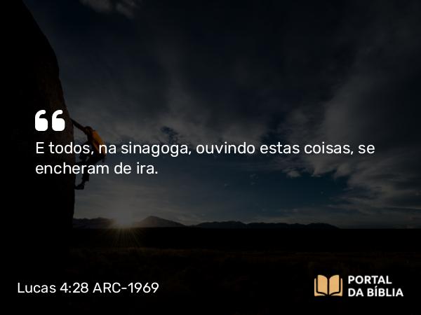 Lucas 4:28 ARC-1969 - E todos, na sinagoga, ouvindo estas coisas, se encheram de ira.