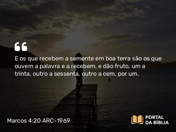 Marcos 4:20 ARC-1969 - E os que recebem a semente em boa terra são os que ouvem a palavra e a recebem, e dão fruto, um a trinta, outro a sessenta, outro a cem, por um.