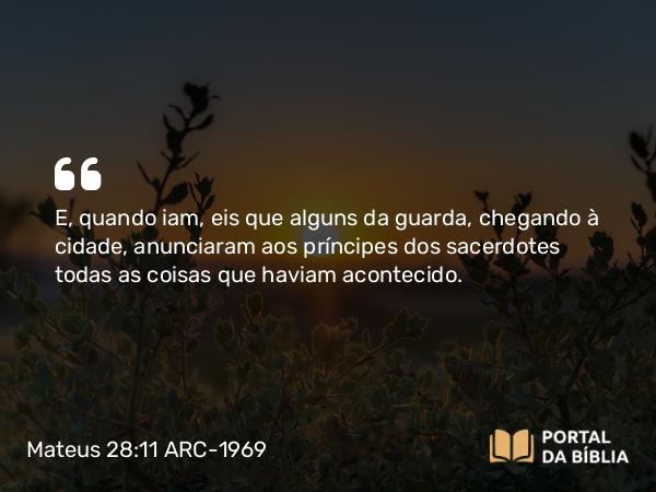 Mateus 28:11 ARC-1969 - E, quando iam, eis que alguns da guarda, chegando à cidade, anunciaram aos príncipes dos sacerdotes todas as coisas que haviam acontecido.