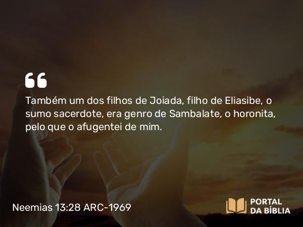 Neemias 13:28-29 ARC-1969 - Também um dos filhos de Joiada, filho de Eliasibe, o sumo sacerdote, era genro de Sambalate, o horonita, pelo que o afugentei de mim.