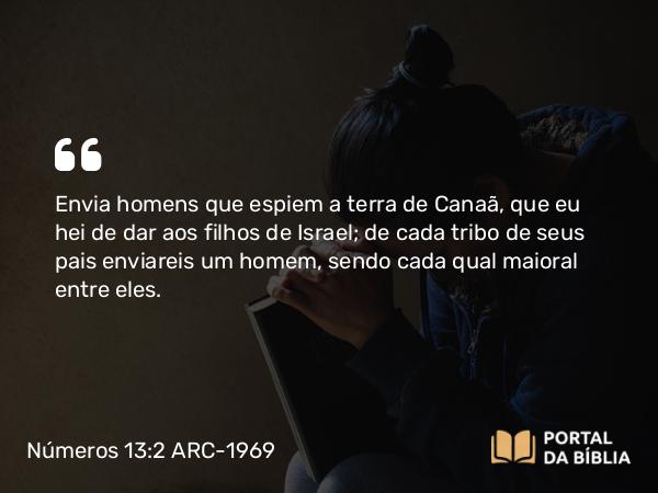 Números 13:2 ARC-1969 - Envia homens que espiem a terra de Canaã, que eu hei de dar aos filhos de Israel; de cada tribo de seus pais enviareis um homem, sendo cada qual maioral entre eles.