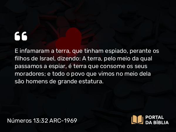 Números 13:32 ARC-1969 - E infamaram a terra, que tinham espiado, perante os filhos de Israel, dizendo: A terra, pelo meio da qual passamos a espiar, é terra que consome os seus moradores; e todo o povo que vimos no meio dela são homens de grande estatura.