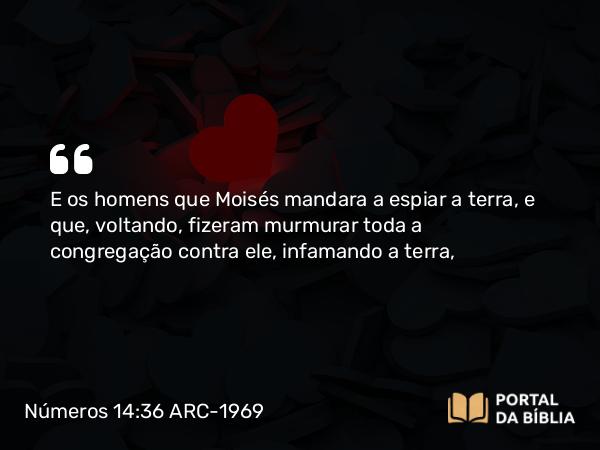 Números 14:36 ARC-1969 - E os homens que Moisés mandara a espiar a terra, e que, voltando, fizeram murmurar toda a congregação contra ele, infamando a terra,