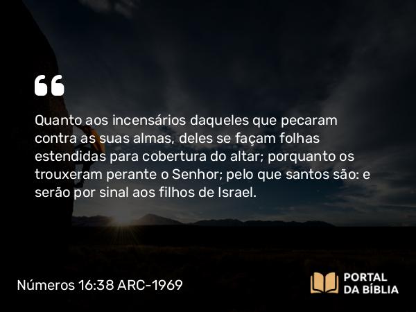 Números 16:38 ARC-1969 - Quanto aos incensários daqueles que pecaram contra as suas almas, deles se façam folhas estendidas para cobertura do altar; porquanto os trouxeram perante o Senhor; pelo que santos são: e serão por sinal aos filhos de Israel.