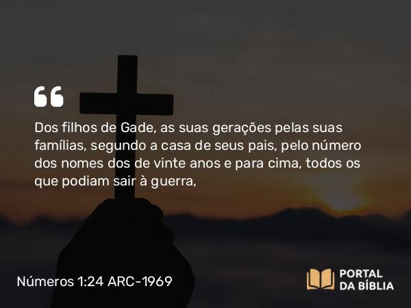 Números 1:24 ARC-1969 - Dos filhos de Gade, as suas gerações pelas suas famílias, segundo a casa de seus pais, pelo número dos nomes dos de vinte anos e para cima, todos os que podiam sair à guerra,