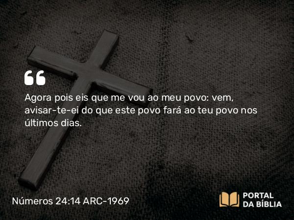 Números 24:14 ARC-1969 - Agora pois eis que me vou ao meu povo: vem, avisar-te-ei do que este povo fará ao teu povo nos últimos dias.