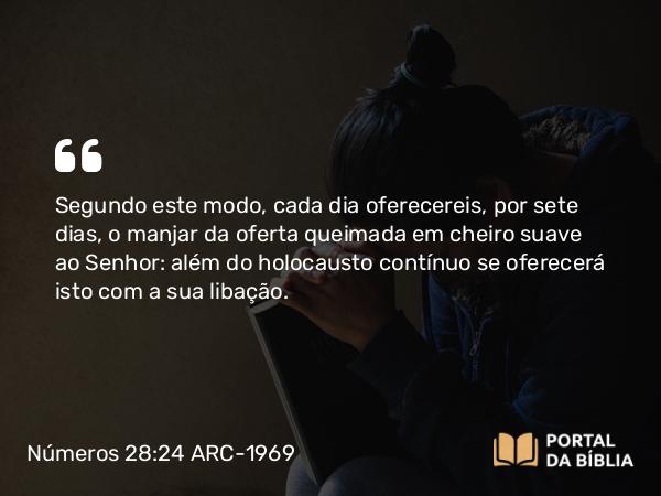 Números 28:24 ARC-1969 - Segundo este modo, cada dia oferecereis, por sete dias, o manjar da oferta queimada em cheiro suave ao Senhor: além do holocausto contínuo se oferecerá isto com a sua libação.