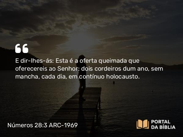 Números 28:3 ARC-1969 - E dir-lhes-ás: Esta é a oferta queimada que oferecereis ao Senhor: dois cordeiros dum ano, sem mancha, cada dia, em contínuo holocausto.