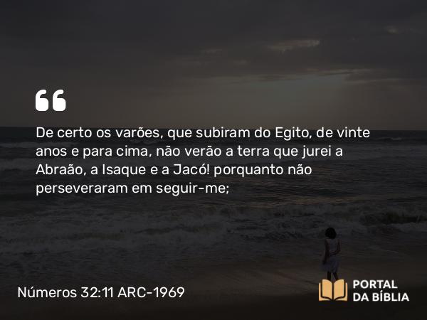 Números 32:11 ARC-1969 - De certo os varões, que subiram do Egito, de vinte anos e para cima, não verão a terra que jurei a Abraão, a Isaque e a Jacó! porquanto não perseveraram em seguir-me;