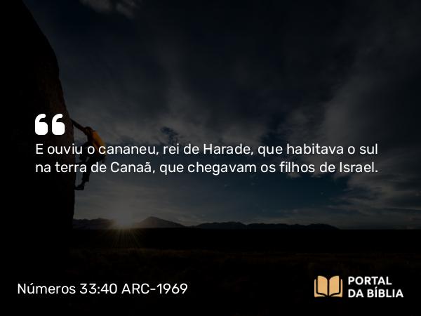 Números 33:40 ARC-1969 - E ouviu o cananeu, rei de Harade, que habitava o sul na terra de Canaã, que chegavam os filhos de Israel.