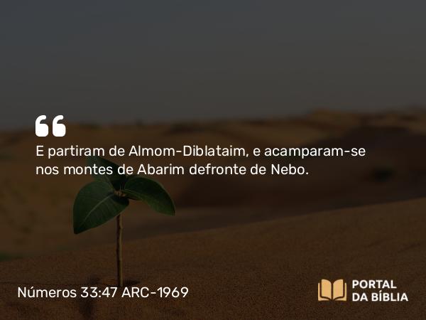 Números 33:47 ARC-1969 - E partiram de Almom-Diblataim, e acamparam-se nos montes de Abarim defronte de Nebo.