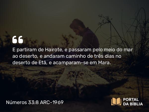 Números 33:8 ARC-1969 - E partiram de Hairote, e passaram pelo meio do mar ao deserto, e andaram caminho de três dias no deserto de Etã, e acamparam-se em Mara.