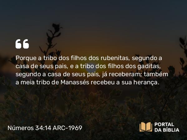 Números 34:14 ARC-1969 - Porque a tribo dos filhos dos rubenitas, segundo a casa de seus pais, e a tribo dos filhos dos gaditas, segundo a casa de seus pais, já receberam; também a meia tribo de Manassés recebeu a sua herança.