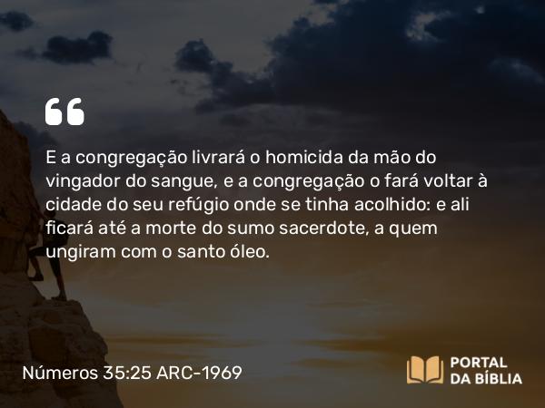 Números 35:25 ARC-1969 - E a congregação livrará o homicida da mão do vingador do sangue, e a congregação o fará voltar à cidade do seu refúgio onde se tinha acolhido: e ali ficará até a morte do sumo sacerdote, a quem ungiram com o santo óleo.