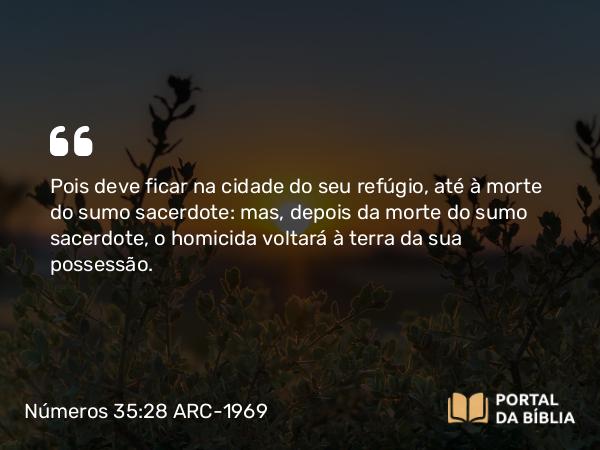 Números 35:28 ARC-1969 - Pois deve ficar na cidade do seu refúgio, até à morte do sumo sacerdote: mas, depois da morte do sumo sacerdote, o homicida voltará à terra da sua possessão.