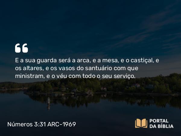 Números 3:31 ARC-1969 - E a sua guarda será a arca, e a mesa, e o castiçal, e os altares, e os vasos do santuário com que ministram, e o véu com todo o seu serviço.