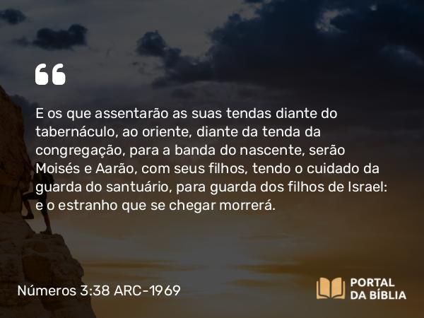 Números 3:38 ARC-1969 - E os que assentarão as suas tendas diante do tabernáculo, ao oriente, diante da tenda da congregação, para a banda do nascente, serão Moisés e Aarão, com seus filhos, tendo o cuidado da guarda do santuário, para guarda dos filhos de Israel: e o estranho que se chegar morrerá.