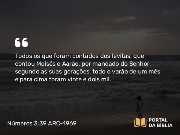 Números 3:39 ARC-1969 - Todos os que foram contados dos levitas, que contou Moisés e Aarão, por mandado do Senhor, segundo as suas gerações, todo o varão de um mês e para cima foram vinte e dois mil.