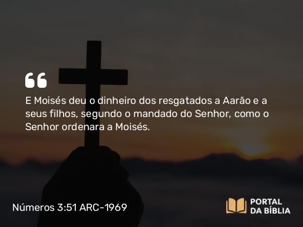 Números 3:51 ARC-1969 - E Moisés deu o dinheiro dos resgatados a Aarão e a seus filhos, segundo o mandado do Senhor, como o Senhor ordenara a Moisés.