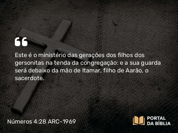 Números 4:28 ARC-1969 - Este é o ministério das gerações dos filhos dos gersonitas na tenda da congregação: e a sua guarda será debaixo da mão de Itamar, filho de Aarão, o sacerdote.