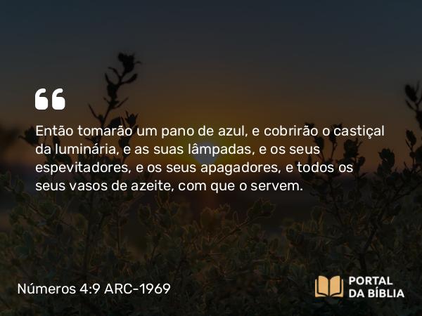 Números 4:9 ARC-1969 - Então tomarão um pano de azul, e cobrirão o castiçal da luminária, e as suas lâmpadas, e os seus espevitadores, e os seus apagadores, e todos os seus vasos de azeite, com que o servem.