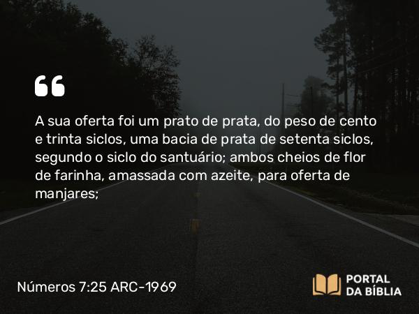 Números 7:25 ARC-1969 - A sua oferta foi um prato de prata, do peso de cento e trinta siclos, uma bacia de prata de setenta siclos, segundo o siclo do santuário; ambos cheios de flor de farinha, amassada com azeite, para oferta de manjares;