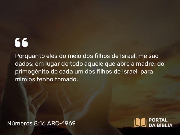 Números 8:16 ARC-1969 - Porquanto eles do meio dos filhos de Israel, me são dados: em lugar de todo aquele que abre a madre, do primogênito de cada um dos filhos de Israel, para mim os tenho tomado.