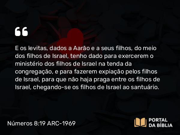 Números 8:19-22 ARC-1969 - E os levitas, dados a Aarão e a seus filhos, do meio dos filhos de Israel, tenho dado para exercerem o ministério dos filhos de Israel na tenda da congregação, e para fazerem expiação pelos filhos de Israel, para que não haja praga entre os filhos de Israel, chegando-se os filhos de Israel ao santuário.