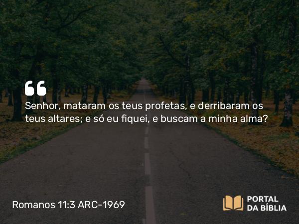 Romanos 11:3 ARC-1969 - Senhor, mataram os teus profetas, e derribaram os teus altares; e só eu fiquei, e buscam a minha alma?